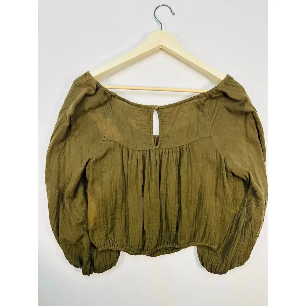 Free People Olive Green Billow Top Puffed Sleeves and Cropped Bubble Hem Size SM